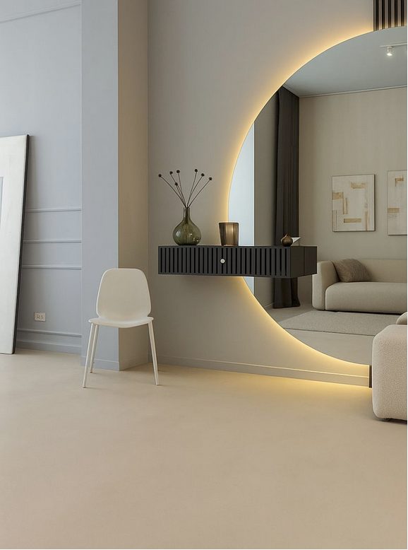Interieur met lichte naadloze gietvloer en ronde spiegel