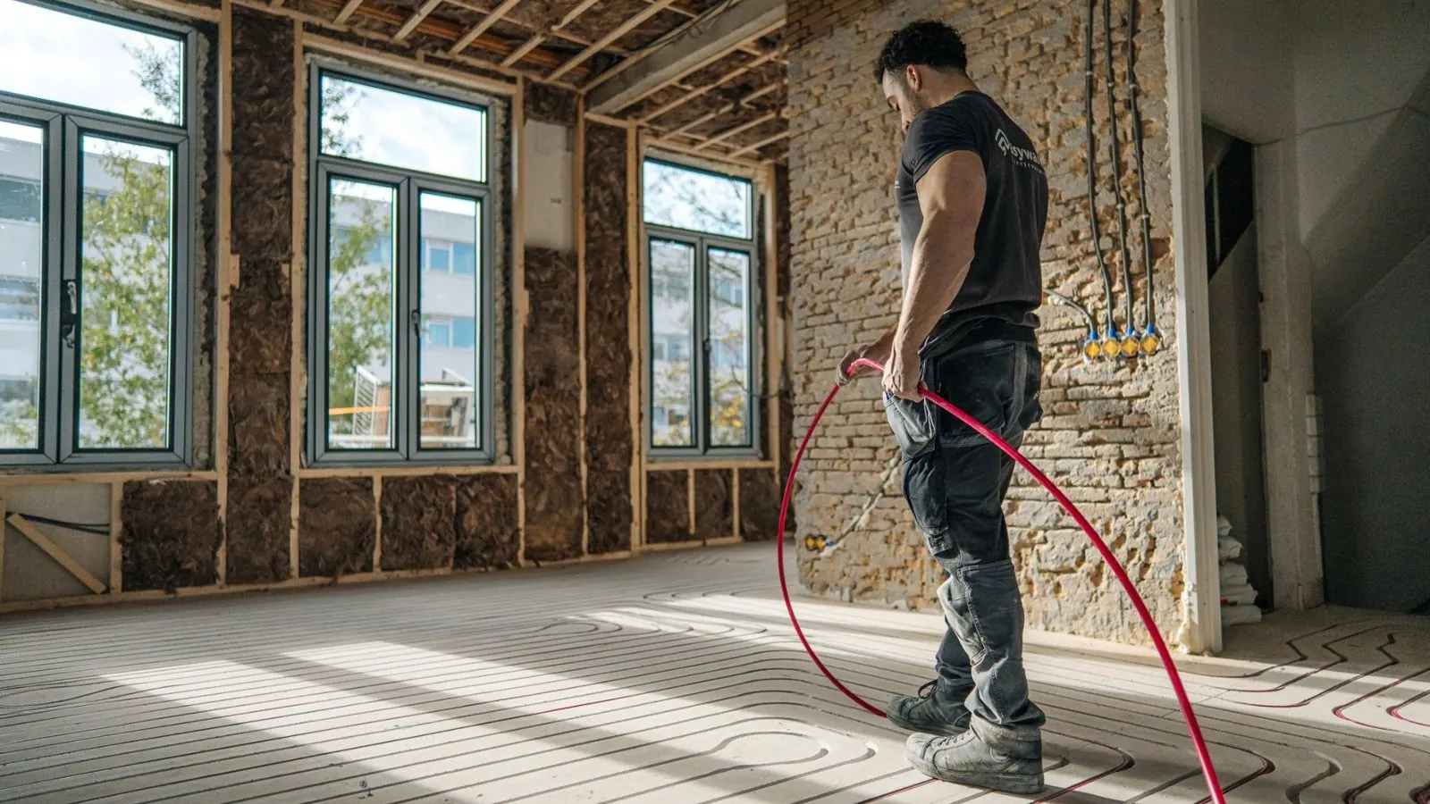 Vakman legt leidingen voor vloerverwarming in een woning in renovatie